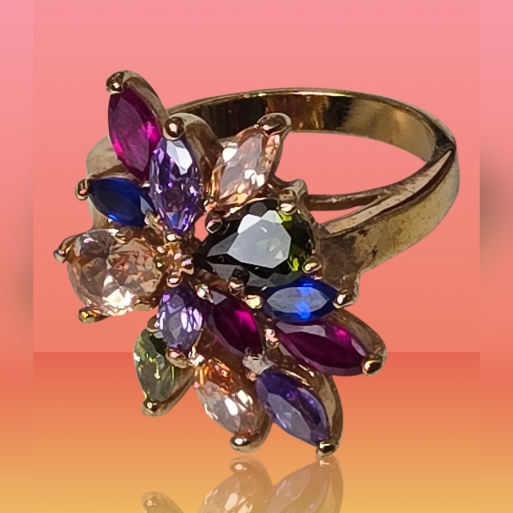 Goldplated Multicolor Crystal Gemstone Flower Rin… - image 3